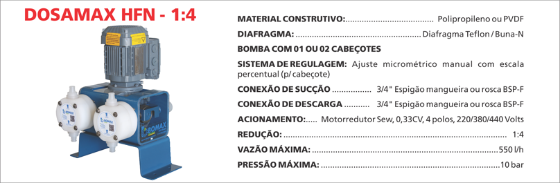 BombaDosadoraDosamaxHFN114 Otimize a dosagem com as bombas Dosamax da Bomax: precis&atilde;o, confiabilidade e versatilidade para todos os tipos de fluidos.