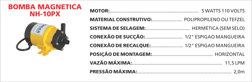 BombaMagneticaNH10PX Maximize a seguran&ccedil;a e a efici&ecirc;ncia com as bombas magn&eacute;ticas Maxmag da Bomax. Ideal para l&iacute;quidos corrosivos ou perigosos.