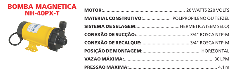 BombaMagneticaNH40PXT Maximize a seguran&ccedil;a e a efici&ecirc;ncia com as bombas magn&eacute;ticas Maxmag da Bomax. Ideal para l&iacute;quidos corrosivos ou perigosos.